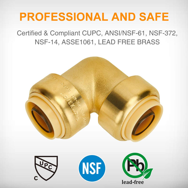 SUNGATOR PEX Elbow, 3/4-Inch Push Fit 90-Degree Plumbing Fitting Pipe Connector with Disconnect Clip, Push-to-Connect, Copper, CPVC, Lead Free Brass (2-Pack) 3/4 Inch, 2 Count - NewNest Australia