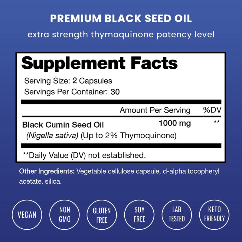 Black Seed Oil Capsules | Premium Vegan Black Cumin Seed Oil Capsules | Virgin Cold Pressed Nigella Sativa Oil Pills with Thymoquinone, Vitamin E & Omega 3 6 9 - NewNest Australia