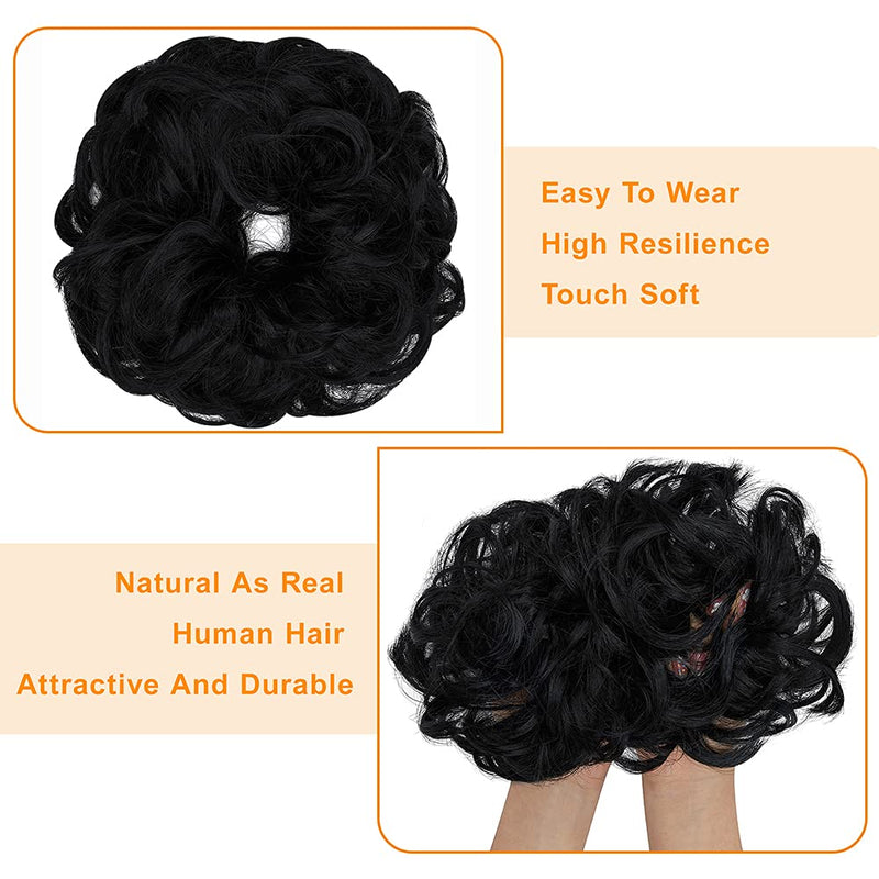 Messy Bun Hair Piece Scrunchies Extension Curly Wavy Updo Hairpieces Synthetic Chignon Ponytail Hair Accessories for Women Girls (Dark Black) 1 PCS 1# Dark Black - NewNest Australia