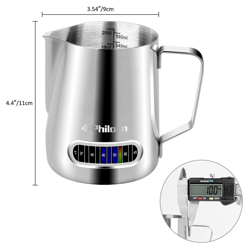 PHILORN Coffee Milk Frothing Cup with Temperature Display and Measurement, Espresso Steaming Pitcher, Espresso Milk Frothing Pitcher, Coffee Steaming Pitcher - FREE Coffee Art Pen, Dishcloth, Spoon 600ml - NewNest Australia