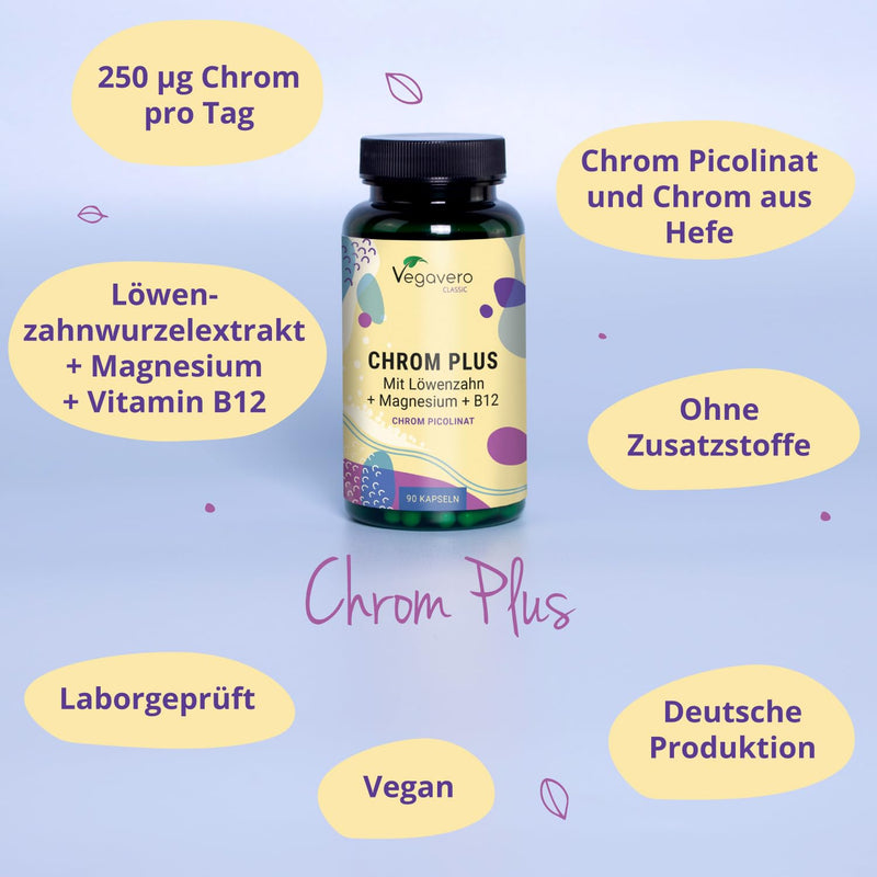 Chrome capsules | High dosage: 250 μg Chromium Picolinate & LYNSIDE® | With magnesium, B12, dandelion | For blood sugar levels* | German production of Vegavero® | Without additives | 90 capsules - NewNest Australia