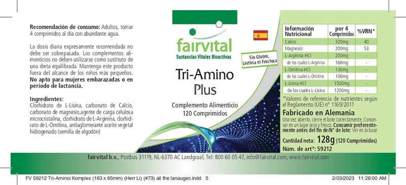 Fairvital Tri-Amino Plus - 120 Tablets - Vegan Amino Acids Complex With Minerals - With L-Arginine, L-Ornithine, L-Lysine, Calcium And Magnesium - Made In Germany - NewNest Australia