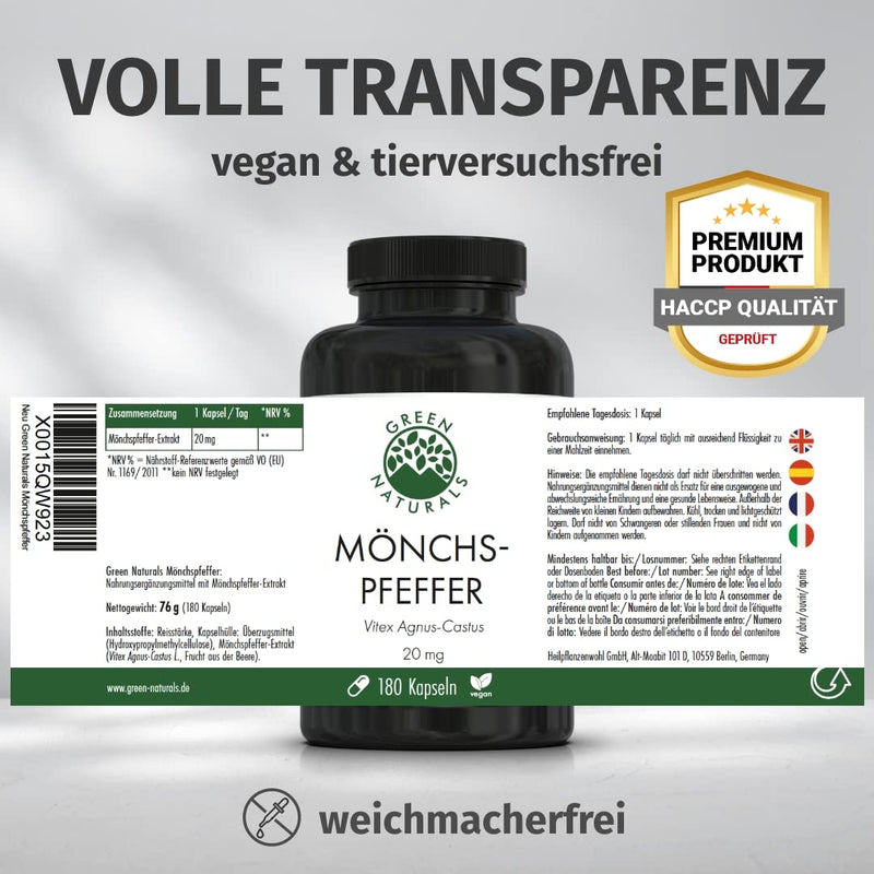 Monk pepper capsules - Premium: Monk pepper 5:1 extract - Double daily amount: 20 mg per capsule - 180 capsules - No additives, vegan - NewNest Australia