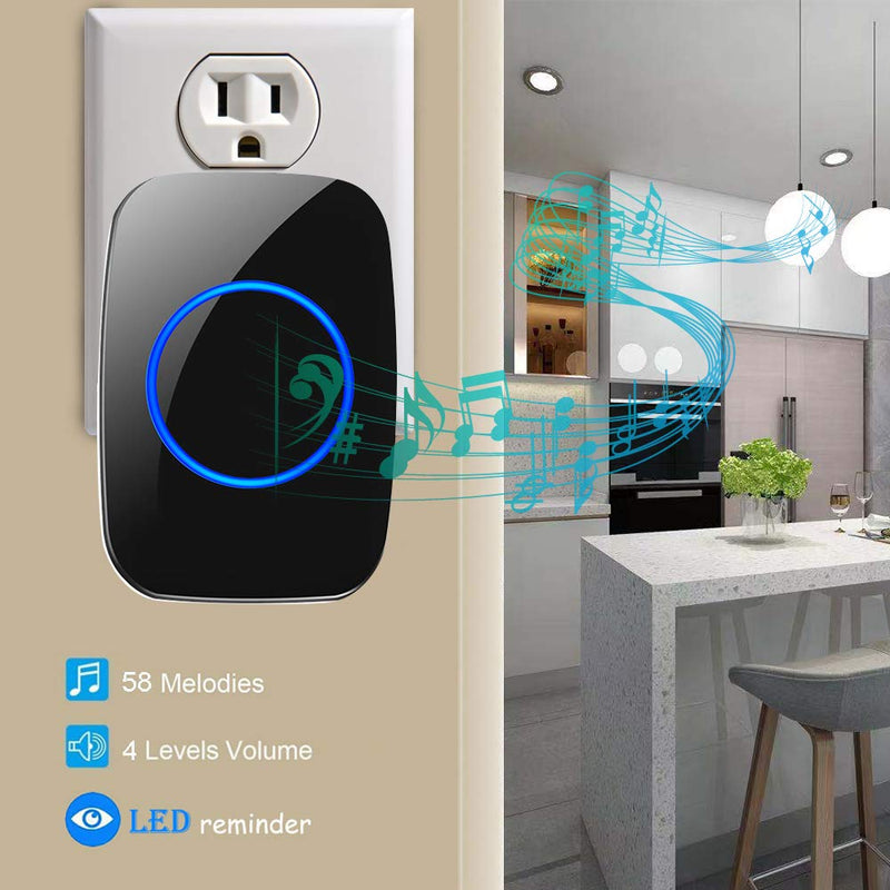Wireless Doorbell, Waterproof Door Chime Kit Operating at Over 1000 Feet with 1 Plug-In Receivers, 58 Melodies, CD Quality Sound, LED Flash (1x Chime 1x Button, Black) A60 1x1 Black - NewNest Australia