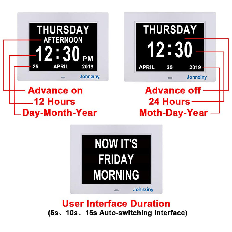 NewNest Australia - Johnziny Digital Calendar Day Clock- 8 Alarms Dementia Clocks Extra Large Non-Abbreviated Alzheimer Memory Loss Vision Impaired Battery Backup Alarm Clock for Seniors Elderly 8" White 