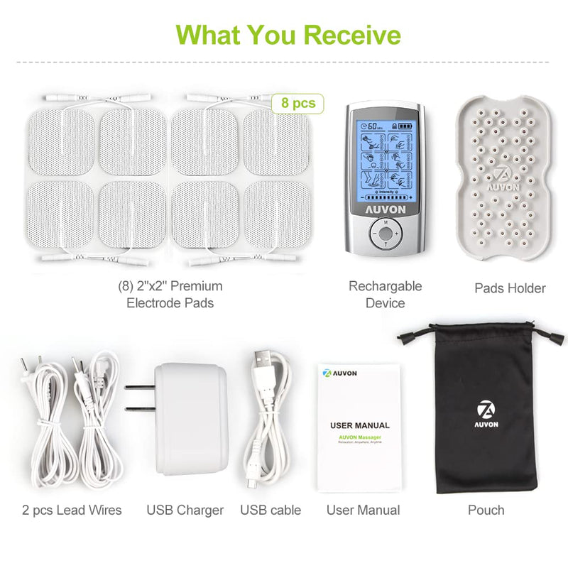 AUVON Rechargeable TENS Unit Muscle Stimulator, 24 Modes 4th Gen TENS Machine with 8pcs 2"x2" Premium Electrode Pads for Pain Relief - NewNest Australia