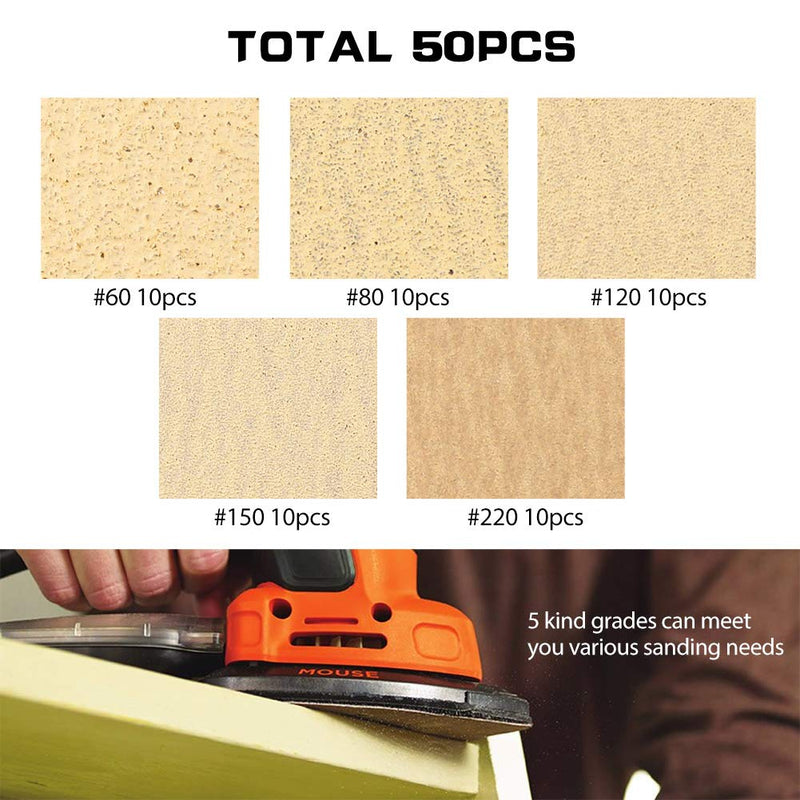 LotFancy Sanding Pads for Black and Decker Mouse Sanders, 50PCS 60 80 120 150 220 Grit Sandpaper Sheets Assortment - Hook and Loop Detail Palm Sander Sand Paper, 12 Holes - NewNest Australia