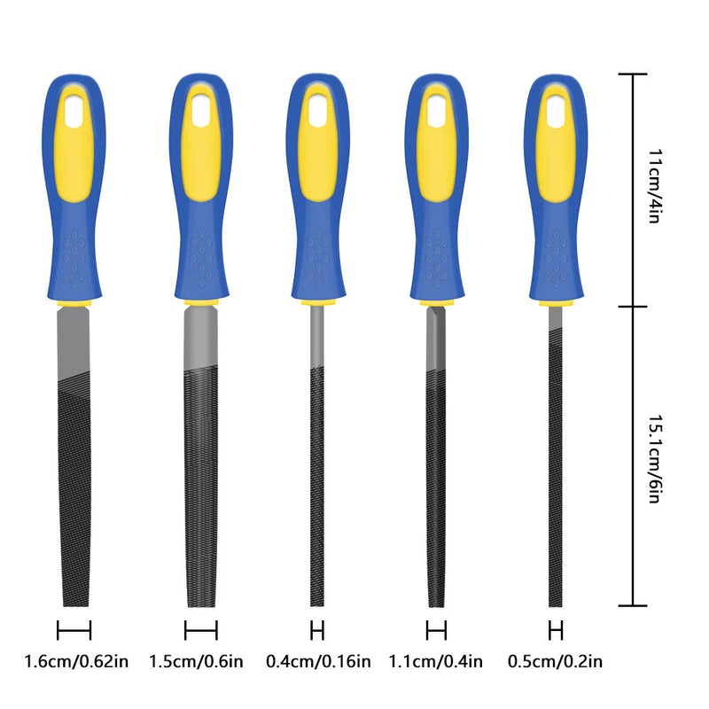 KALIM 5Pcs 6'' High Carbon Steel File, Rasp Set with Soft Rubber Non-slip Handle, Round/Half Round/Flat/Triangle/Squre, Grinding Hand Tool Set for Wood, Metal, Plastic, etc. 6'' File Length with Handle - NewNest Australia