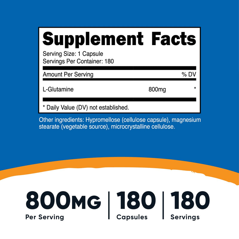 Nutricost L-Glutamine 800mg, 180 Capsules - Gluten Free, Non-GMO 180 Count (Pack of 1) - NewNest Australia
