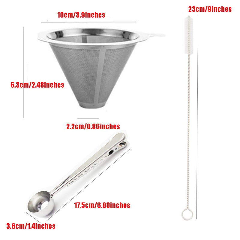 Dancepandas Stainless Steel Coffee Filter Cone Pour Over Coffee Drip Filter Cone Coffee Dripper Paperless Filter Coffee with Separate Stand Coffee Spoon and Brush - NewNest Australia