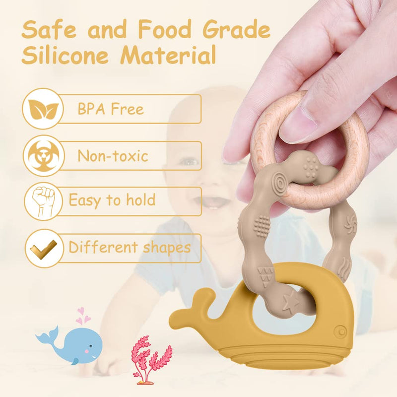 Vicloon Teething Ring For Babies, Teething Ring Toy Made Of Silicone And Wooden Rings, Baby Teething Aid Bpa-Free, Pain-Relieving Teething Nursing Accessories For Babies From 3 Months (Whale Brown) Whale Yellow - NewNest Australia