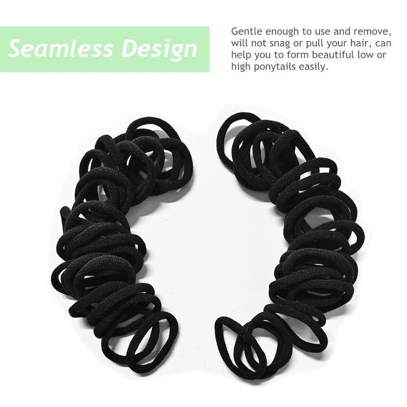 Morices 50 Pcs Pure Black Hair Ties for Women, No Metal Elastic Ponytail Holders for Girls, No Damage Seamless Stretch Hair Bands Hair Accessories for Thick Heavy and Curly Hairs - NewNest Australia