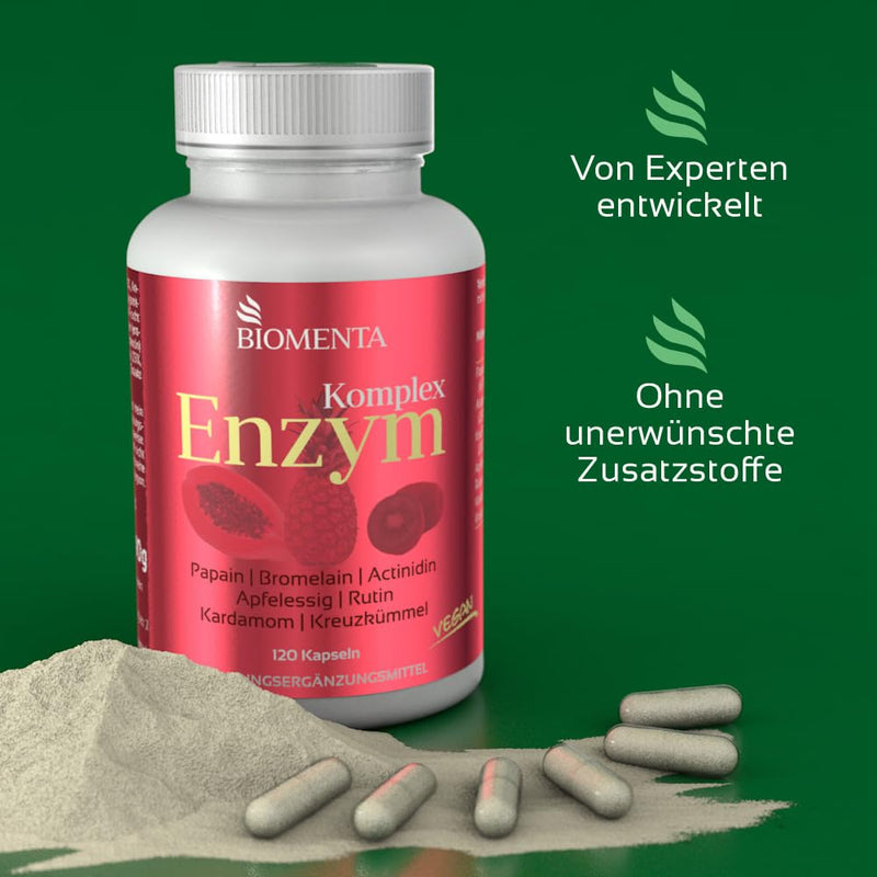 Biomenta Multi Enzyme Complex - With Papaya (Papain), Pineapple (Bromelain), Kiwi (Actinidine), Apple Vinegar, Rutin, Cardamom, Cumin - Vegan, 120 Enzyme Capsules - 2 Month Treatment - NewNest Australia
