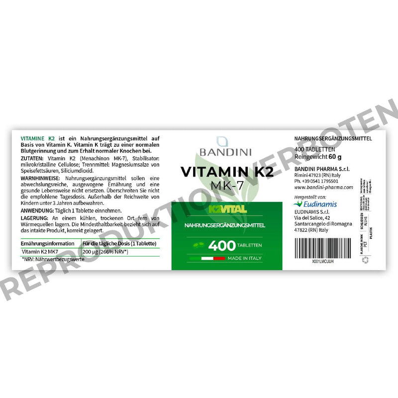 Bandini® Vitamin K2 MK-7 200µg | 400 tablets | K2VITAL® pure menaquinone 7 - premium all-trans content >99.7% | Laboratory tested, high dosage, 100% vegan, GMO-free, no additives - NewNest Australia