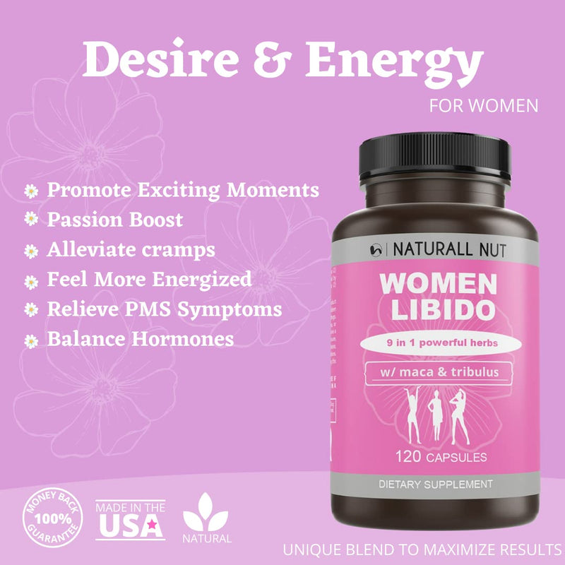Women Libido - Promotes Increased Energy, Mood, Reduce Dryness, Herbal Complex for Women Health, PMS and Menopause Relief, 120 Vegan Capsules w/ Maca, Tribulus, Horny Goat Weed, Ginseng & Saw Palmetto - NewNest Australia
