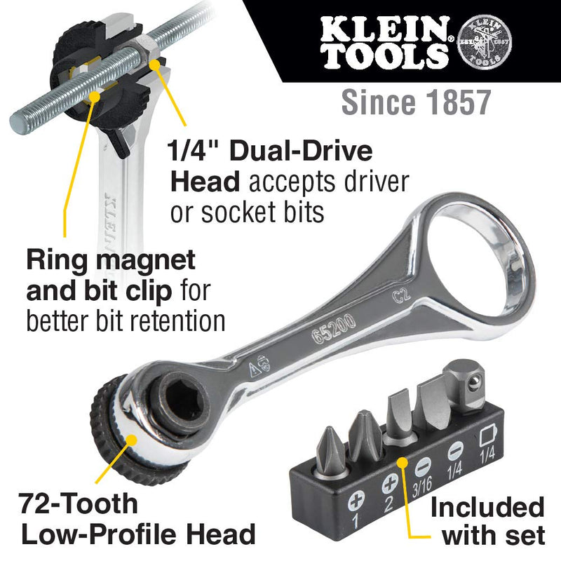 Klein Tools 65200 Ratchet Set, 5-Piece Mini Ratchet Set with Phillips, Slotted, and Adapter for Other Socket Sizes, For Tight Spaces - NewNest Australia