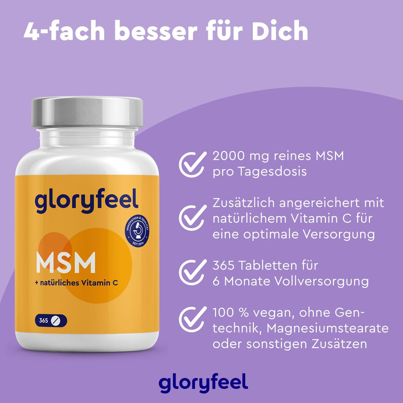 MSM 2000mg + Natural Vitamin C - 365 high-dose tablets - For bones, joints, skin & immune system* - Vegan methylsulfonylmethane - Laboratory tested and made in Germany without additives - NewNest Australia