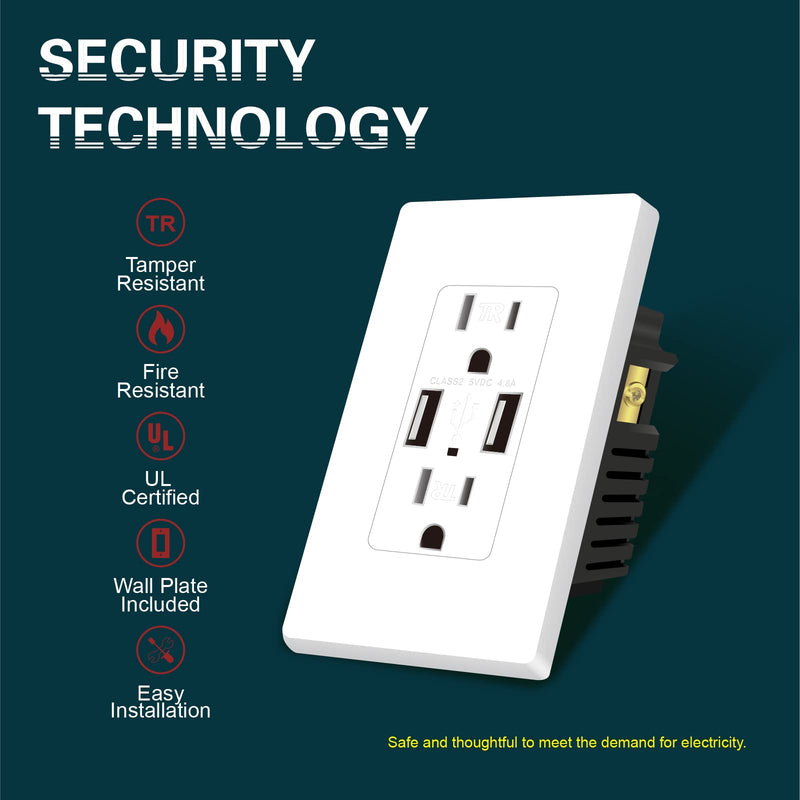 TOPELER 2Pack USB Wall Outlet, 4.8A High Speed USB Ports with Smart Chip, 15A Tamper Resistant Electrical Receptacle Socket, Screwless Wall Plate Included, UL & FCC Approved White - NewNest Australia