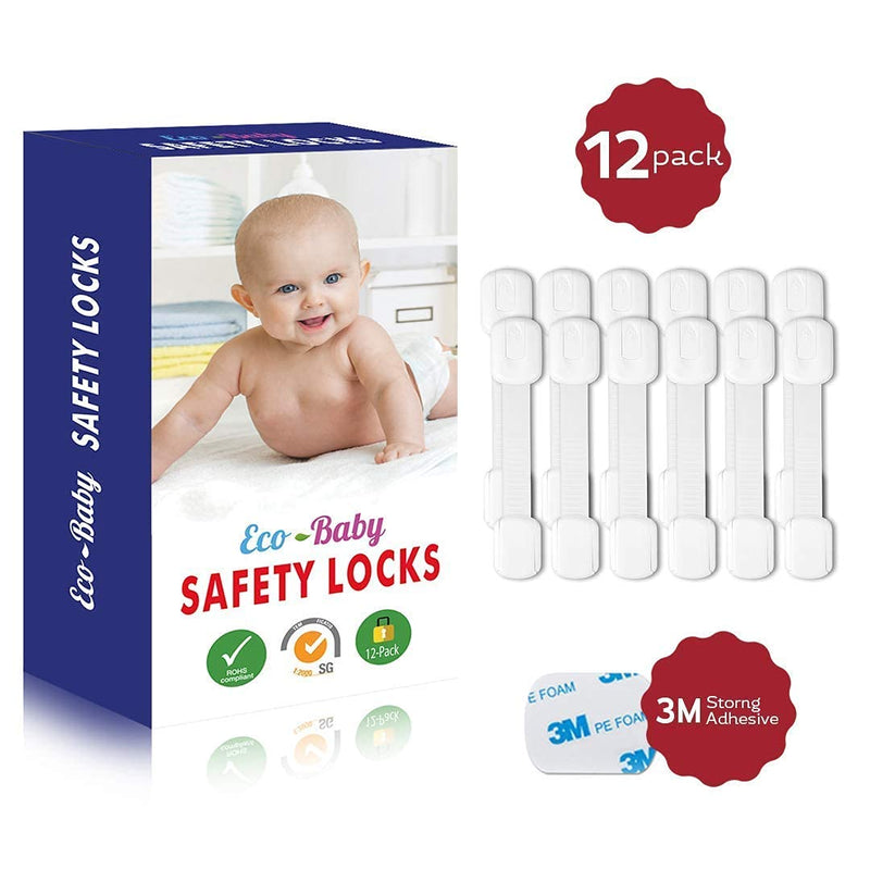 Cabinet Locks for Babies - 12 Baby Proofing Straps - Refrigerator Lock, Child Proof Locks for Cabinet Doors, Toilet Seat - Easy to Install - by Eco-Baby - NewNest Australia