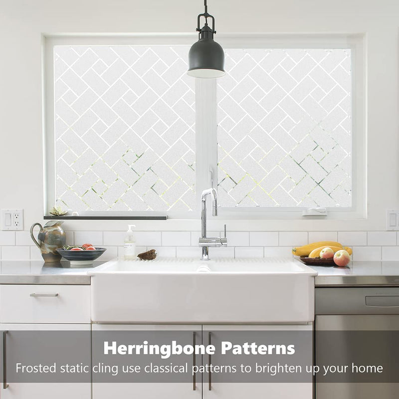 Kromapolis Window Film, Privacy 3D Frosted Glass Clings, Decorative Glass Static Cling, Herringbone Window Clings for Glass Windows, Bathroom Window Privacy Film, Non-Adhesive (17.5In by 78.7In) 17.5In by 78.7In - NewNest Australia