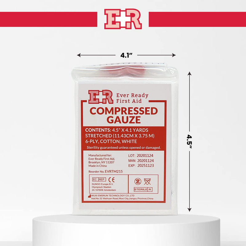 Ever Ready First Aid Compressed Sterile Gauze, 6-Ply Emergency Medical Dressing for First Aid Kits, Hemostatic Control Bandage – 4.5” x 4.1 Yards - 2 Pack - NewNest Australia
