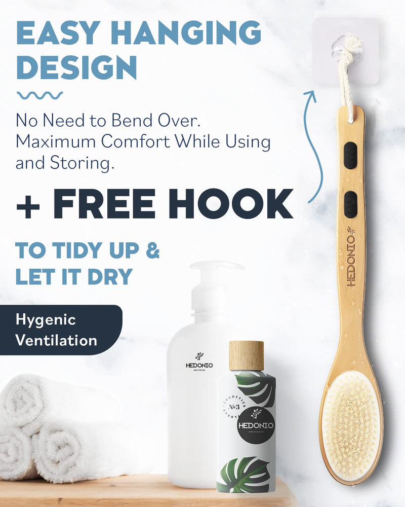 Hedonio Body Brush Long Handle, Back Scrubber for Bath and Shower Exfoliating Skin, Double-Sided, Body Scrub Brush, Dry Brush and Wet in Bath, Massage, Natural Stiff Bristle, Soft Wood Black - NewNest Australia