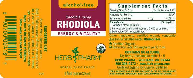Herb Pharm Certified Organic Rhodiola Root Extract for Energy, Endurance and Stamina, Alcohol-Free Glycerite, 1 Ounce 1 Fl Oz (Pack of 1) - NewNest Australia