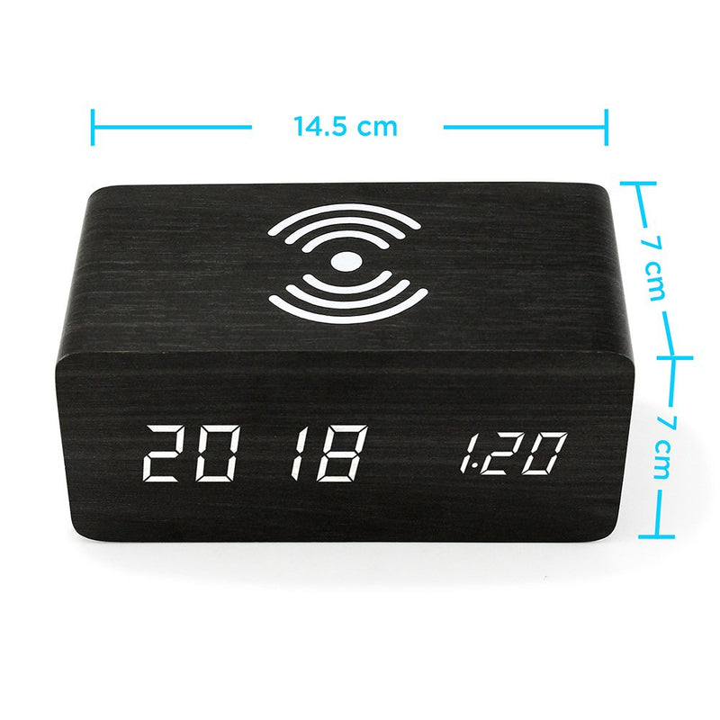 NewNest Australia - Oct17 Wooden Alarm Clock with Qi Wireless Charging Pad Compatible with iPhone Samsung Wood LED Digital Clock Sound Control Function, Time Date, Temperature Display for Bedroom Office Home - Black 