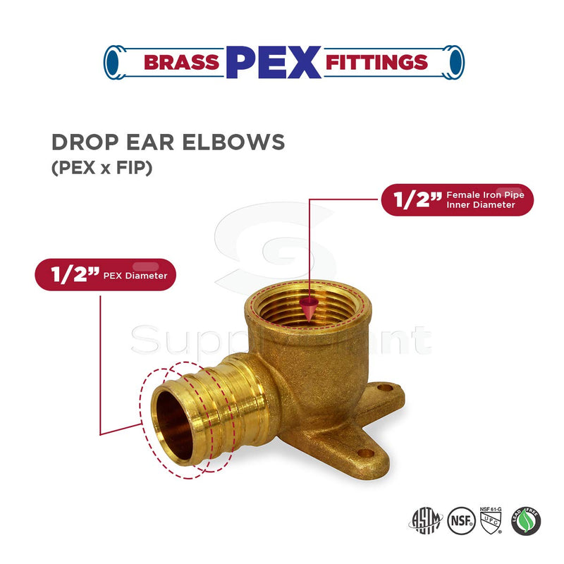 Supply Giant QYEM0012-OM 1/2'' Drop Ear Elbows PEX x FIP, Lead Free DZR Brass Construction, 37 - NewNest Australia