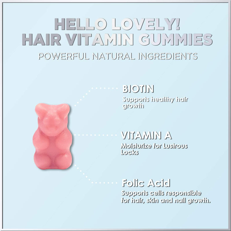 Hello Lovely Hair Vitamins Gummies with Biotin 5000 mcg Vitamin E & C Support Hair Growth, Premium Vegetarian, Non-GMO, for Stronger, Beautiful Hair & Nails, Red Berry Supplement - 60 Gummy Bears 60 Count (Pack of 1) - NewNest Australia