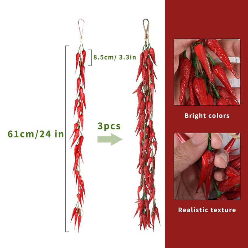 VIOCIWUO 3Pcs Artificial Red Peppers, Simulation Lifelike Vegetable Fake Hanging Chili Pepper String Fruit Garland Vine for Home Kitchen Farm Party Wall Decoration, Red. - NewNest Australia