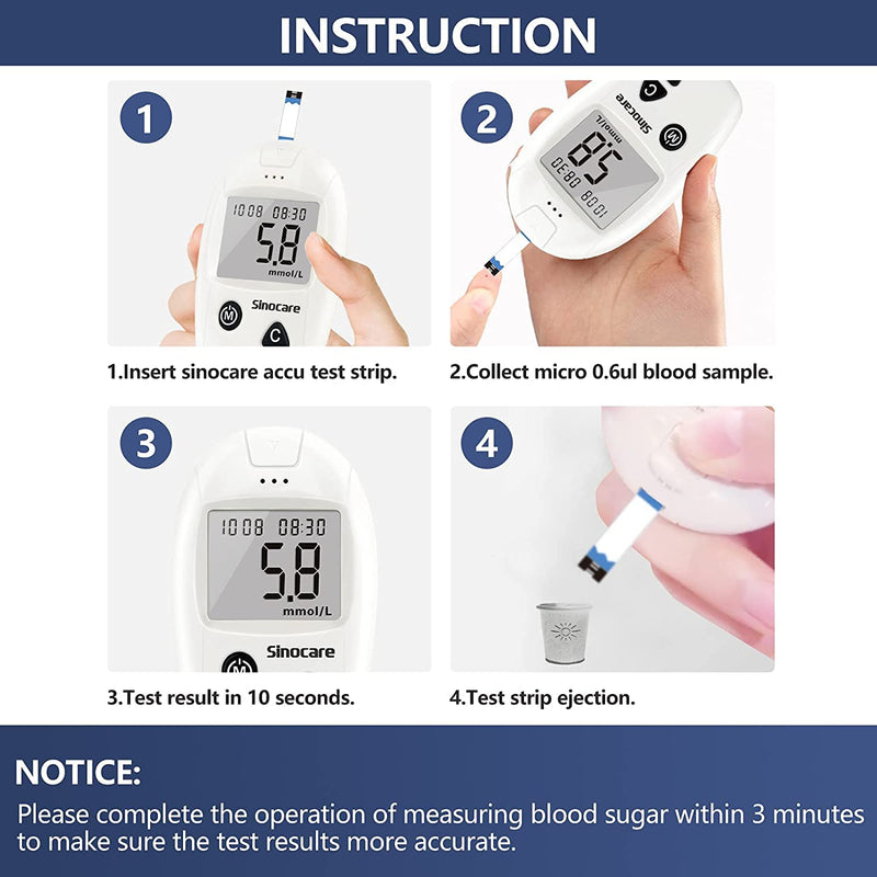sinocare Diabetes Testing Kit / Blood Glucose Monitor Safe Accu Blood Glucose Sugar Test Kit with Strips x 100 & Lancing Devices x 100 & Case for UK Diabetics -in mmol/L Safe Accu Glucometer x 100 strips - NewNest Australia