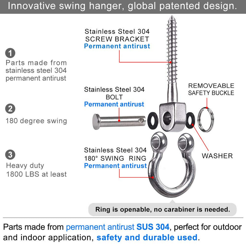 SELEWARE Set of 2 Permanent Antirust 304 Stainless Steel Screw Bracket Heavy Duty 180° Swing Hangers, 1800LB Capacity Playground Yoga Hammock Rope Tire Web Chair Sandbag Punching Bag Porch Swing Sets - NewNest Australia