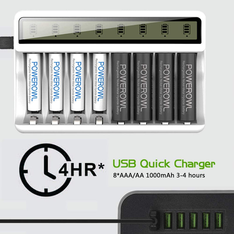 POWEROWL 8 Bay AA AAA Battery Charger with LCD Display (USB Quick Charging, Independent Slot) for Ni-MH Ni-CD Rechargeable Batteries - NewNest Australia