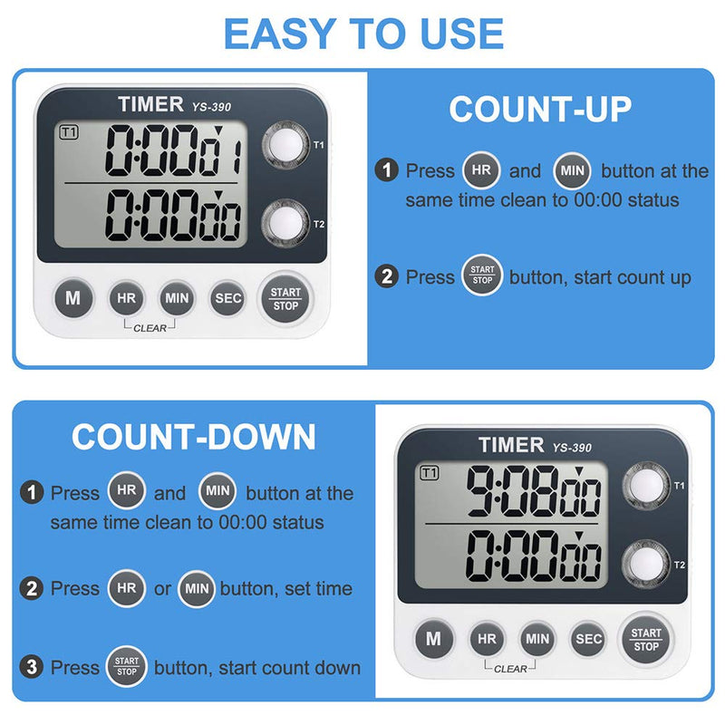 NewNest Australia - HomeMall Digital Dual Kitchen Timer, Cooking Timer, Dual Count Up ＆ Down Timer with Magnetic Back, Large Display, Adjustable Volume and Flashing Alarm Light, ON/Off Switch Stopwatch, Battery Included Black 