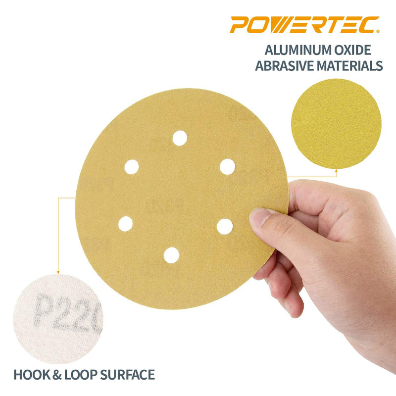 POWERTEC 45200XG-50 Assorted Grit Sanding Discs Hook and Loop Orbital Sander 6-Inch 6 Hole | 10 Each of 80, 100, 120, 150, 220 Grit Aluminum Oxide Round Sand Paper, Gold, 50 Pack 6" X 6 Holes - NewNest Australia