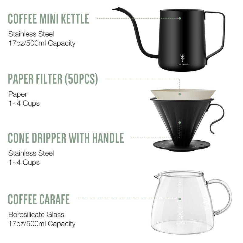 Soulhand Pour Over Coffee Brewer Set Dripper 2-3 Cups with Black Stainless Steel Filter and Manual Coffee Kettle，with 50pc Filter Paper&BPA-Free Glass Drip Sever High Heat Resistance Brewer 17oz - NewNest Australia