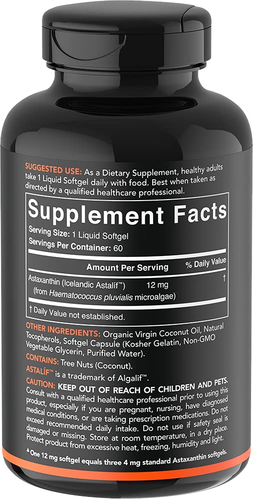 Triple Strength Astaxanthin (12mg) with Organic Coconut Oil | Non-GMO, Soy & Gluten Free - 60 Mini Softgels (2 Month Supply) 60 Count (Pack of 1) - NewNest Australia