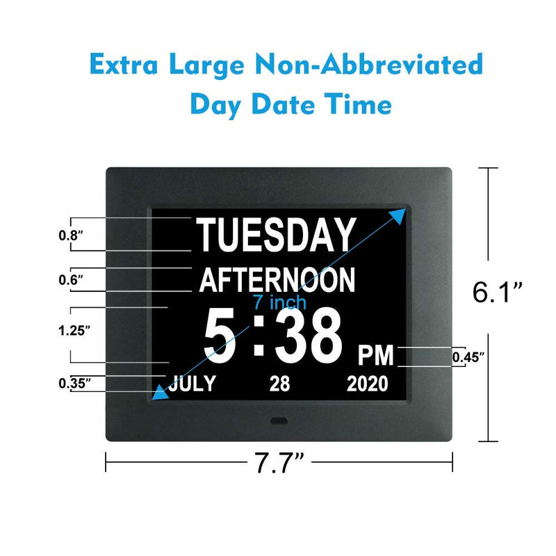 NewNest Australia - 7 Inch Extra Large Non-Abbreviated Day Date & Month Digital Day Calendar Clocks with Auto-Dimming 8 Alarm Reminders Dementia Clock for Senior Elderly impaired Vision 7005 black 