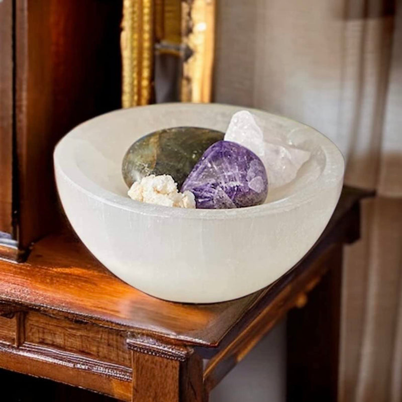 Crystal Selenite Charging Round Shape Handmade Bowl Alter Cleansing Spiritual Energy Healing Plate Charge White Dish Meditation Tumbles Creative Dish Jewelry Storage Decoration or Gift 6 cm - NewNest Australia