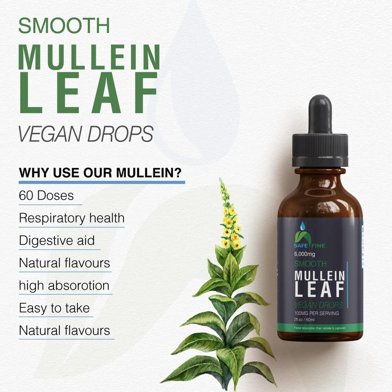 SafeFine Mullein Leaf Extract Drops - 1 Bottle of 60 ml - Alcohol Free & Vegan Formula -Plant Based - Gluten Free - Soy Free - Non GMO-for Respiratory, Immune Support & Natural Sleep Aid - NewNest Australia