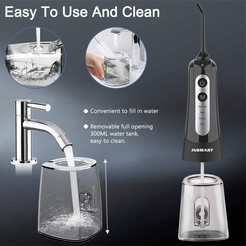 Cordless Water Dental Flosser Teeth Cleaner, INSMART Professional 300ML Tank DIY Mode USB Rechargeable Dental Oral Irrigator for Home and Travel, IPX7 Waterproof 4 Modes Irrigate for Oral Care Black - NewNest Australia