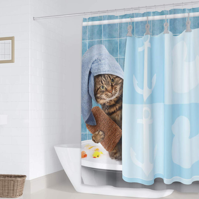 Riyidecor Funny Cat Shower Curtain Animal Kids 12 Pack Metal Fabric Hooks Kitten Yellow Rubber Duck Head Wrapped Bath Towel Blue Decor Fabric Polyester 72" W x 72" H 72Wx72H - NewNest Australia