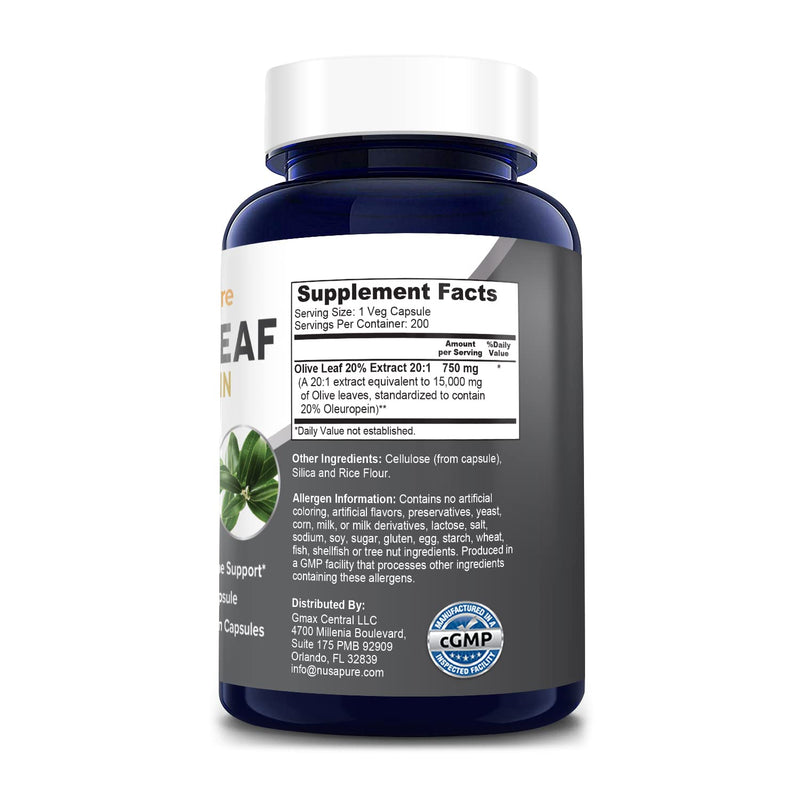 Olive Leaf 15,000 mg 200 Capsules 20% Oleuropein (Extract Ratio 20:1 750mg, Vegan, Non-GMO & Gluten-Free) Super Strength - No Oil - NewNest Australia