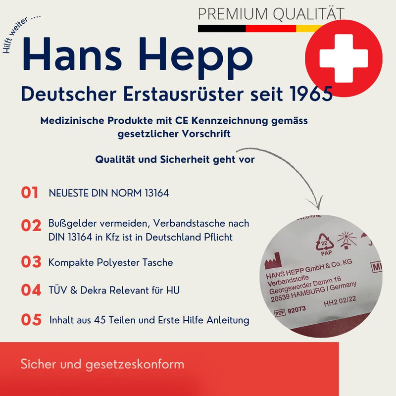 First Aid Kit New Standard 2023 ‚ Original Hans Hepp German Oem Since 1965 ‚ Sanitary Box For Cars 2023 With Masks ‚ First Aid Set Car 2023 According To New Standard Din 13164 - NewNest Australia