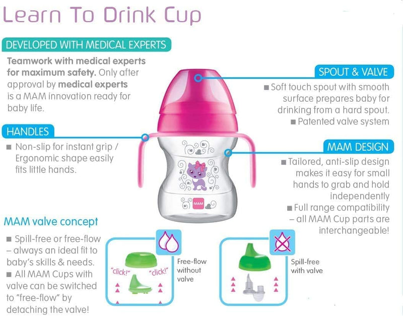 MAM Learn to Drink Cup, Bottle Handles and Soother, 6+ Months Baby Cup with Removable Handles, Baby Feeding Accessories, 190 ml, Blue (Designs May Vary) - NewNest Australia