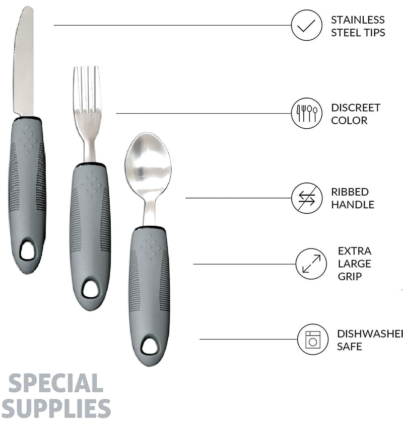 Weighted Extra Wide Handles Easy Grip Cutlery Set, Disability Ideal Dining aid for Elderly Disabled Arthritis Parkinson's Disease Tremors Sufferers (Gray 3PCS) Gray 3PCS - NewNest Australia