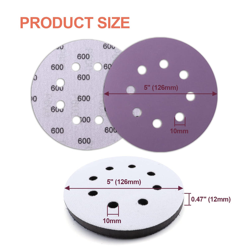 POLIWELL 60PCS 5 Inch Sanding Discs Hook and Loop 8 Hole Wet Dry, 400 600 800 1000 1500 2000 Grit Assorted Sandpaper with Interface pad, Purple Film Orbital Sander Sandpaper - NewNest Australia