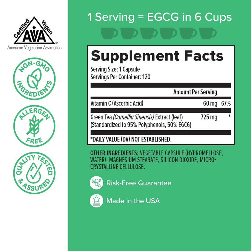 Zenwise Green Tea Extract with EGCG & Vitamin C - Antioxidant & Immune Supplement - Vegan Skin & Heart Support + Brain Health & Memory Boost - 120 Count - NewNest Australia