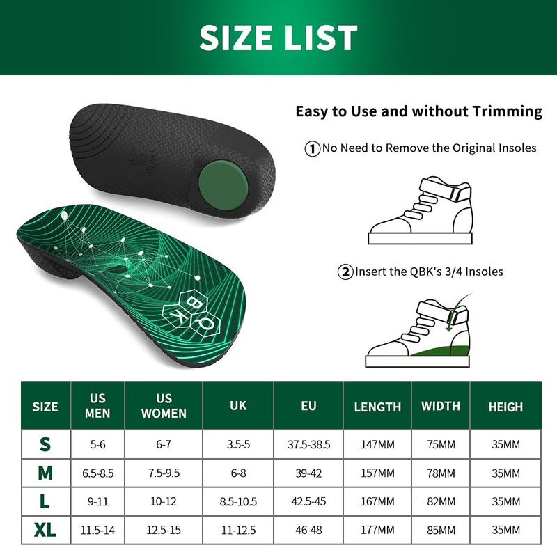 QBK Orthopedic Insoles 3/4 Length Insoles Sports Support Insoles Heel Spur Shoe Insoles for Plantar Fasciitis Flat Feet Dispersal Heel Pressure and Pain Relief, MM:41-43 - NewNest Australia